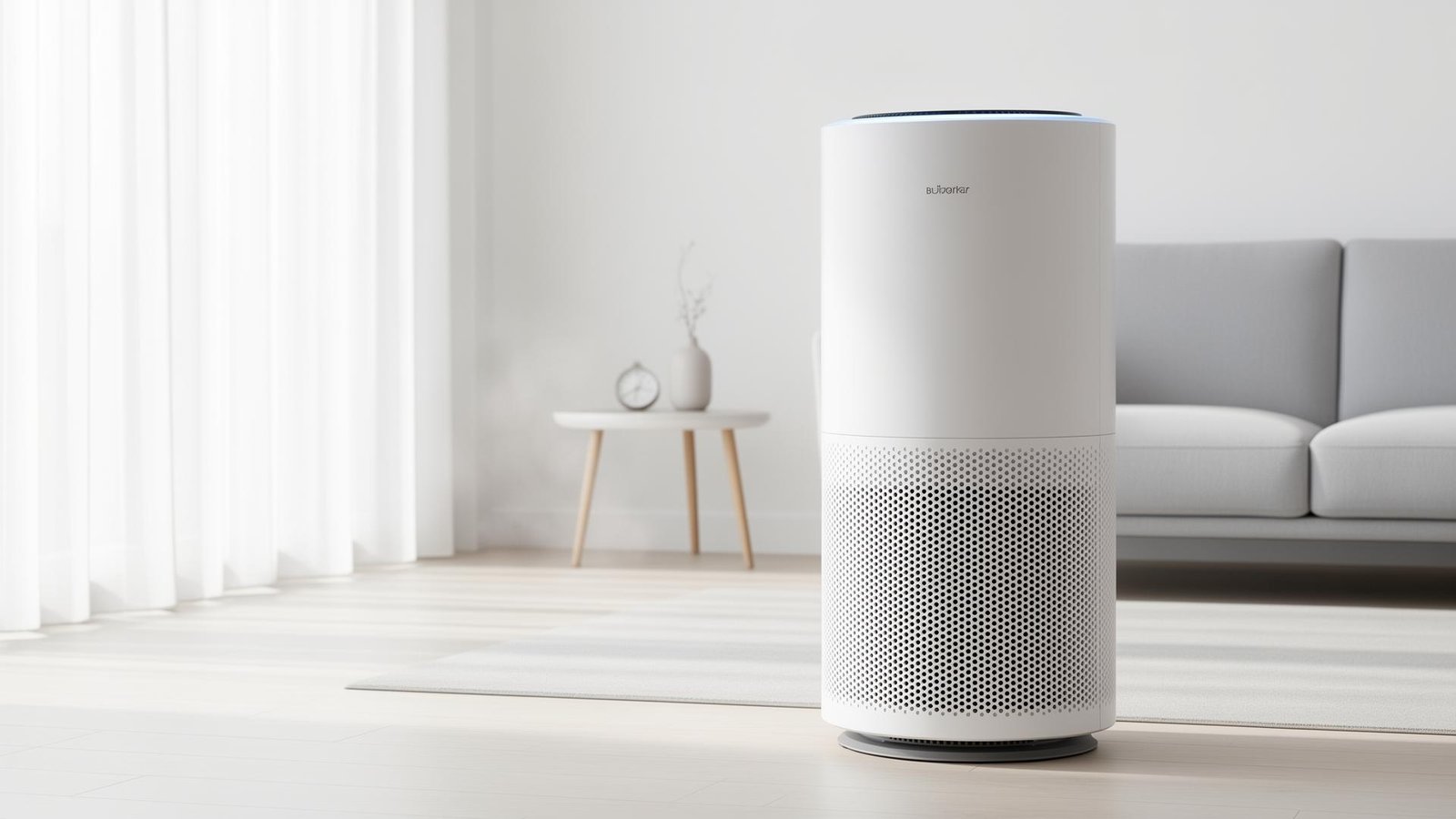 Modern air purifier in a clean living room